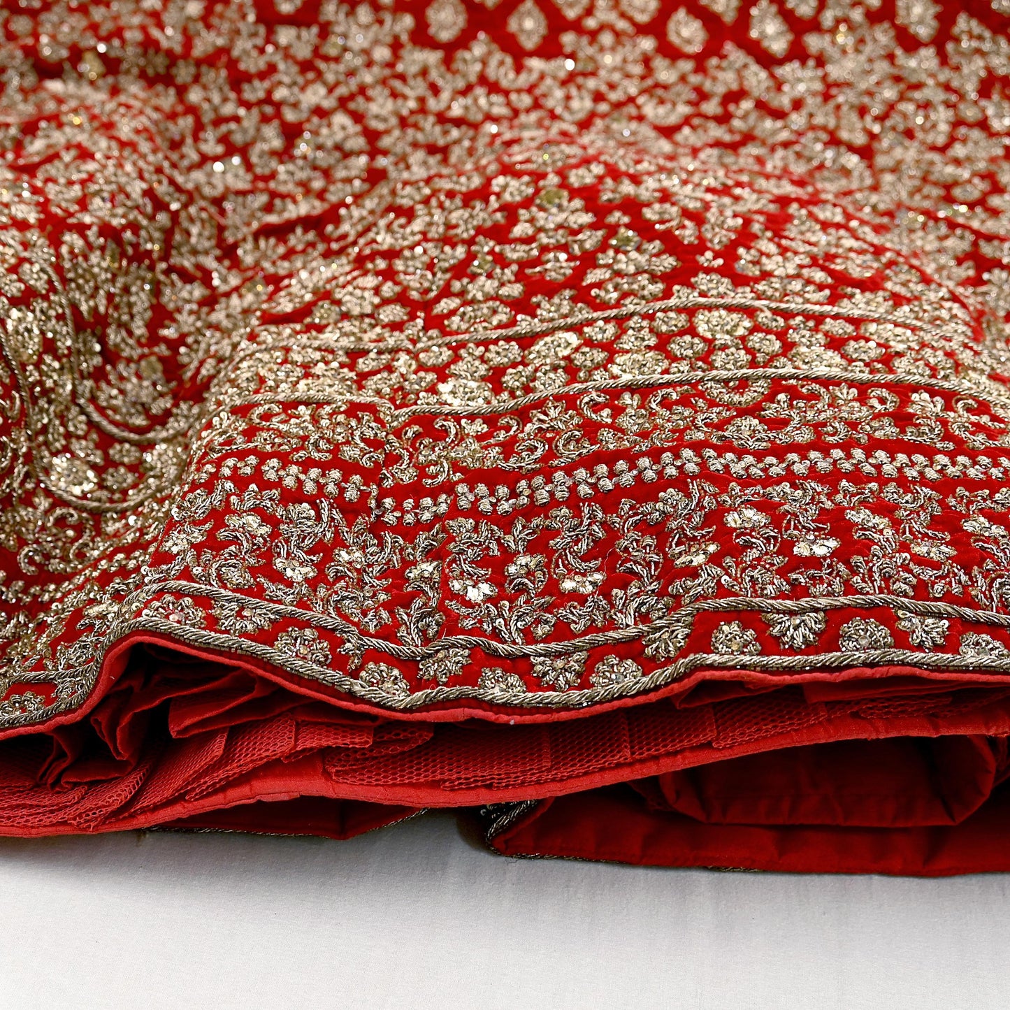 Indian Heavy Red Velvet Hand Embroidered Semi stitched Lehenga/Skirt Bridal Wear Zardozi/ Dabka Bollywood skirt Party wear