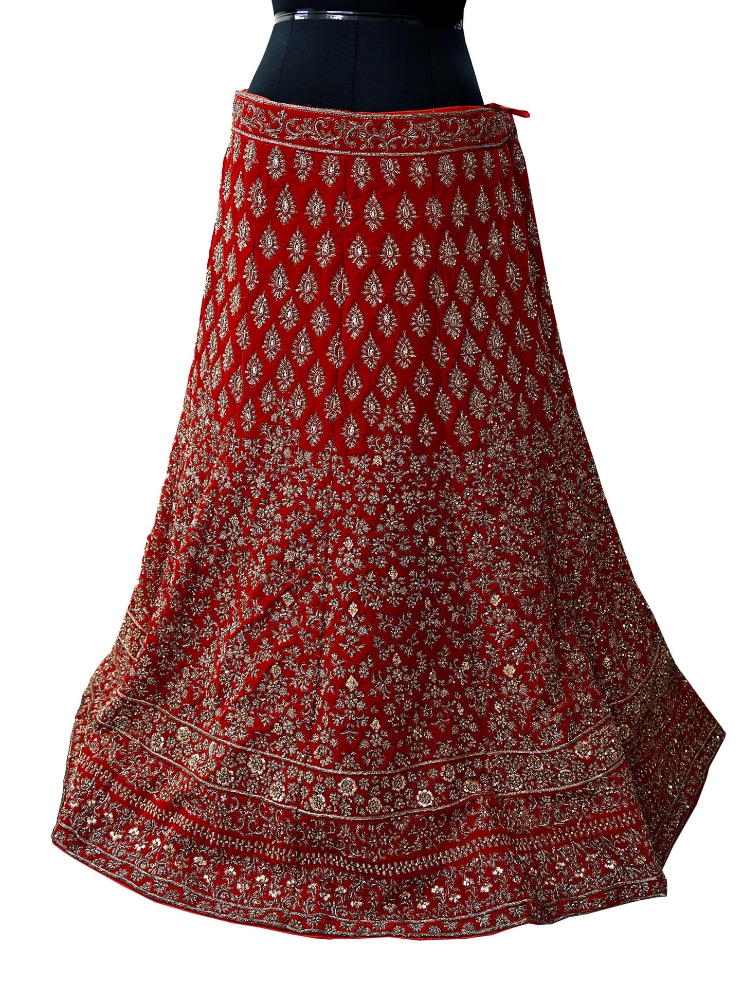 Indian Heavy Red Velvet Hand Embroidered Semi stitched Lehenga/Skirt Bridal Wear Zardozi/ Dabka Bollywood skirt Party wear