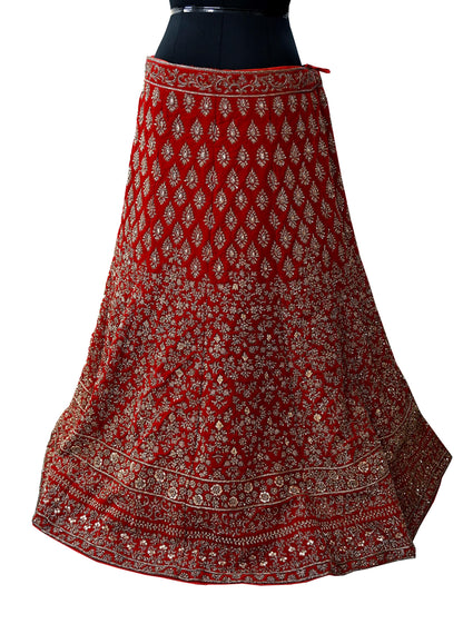 Indian Heavy Red Velvet Hand Embroidered Semi stitched Lehenga/Skirt Bridal Wear Zardozi/ Dabka Bollywood skirt Party wear