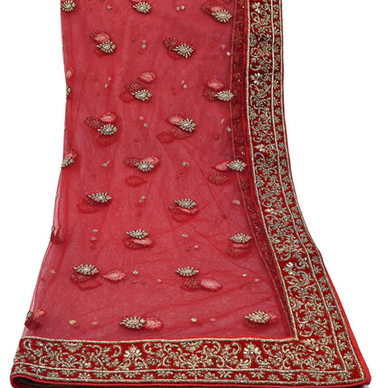 Indian Vintage Heavy Red Dupatta Net Mesh Long Stole Hand Embroidered Scarves Golden Zardozi Dabka Zari Stole Bridal/ Wedding veil