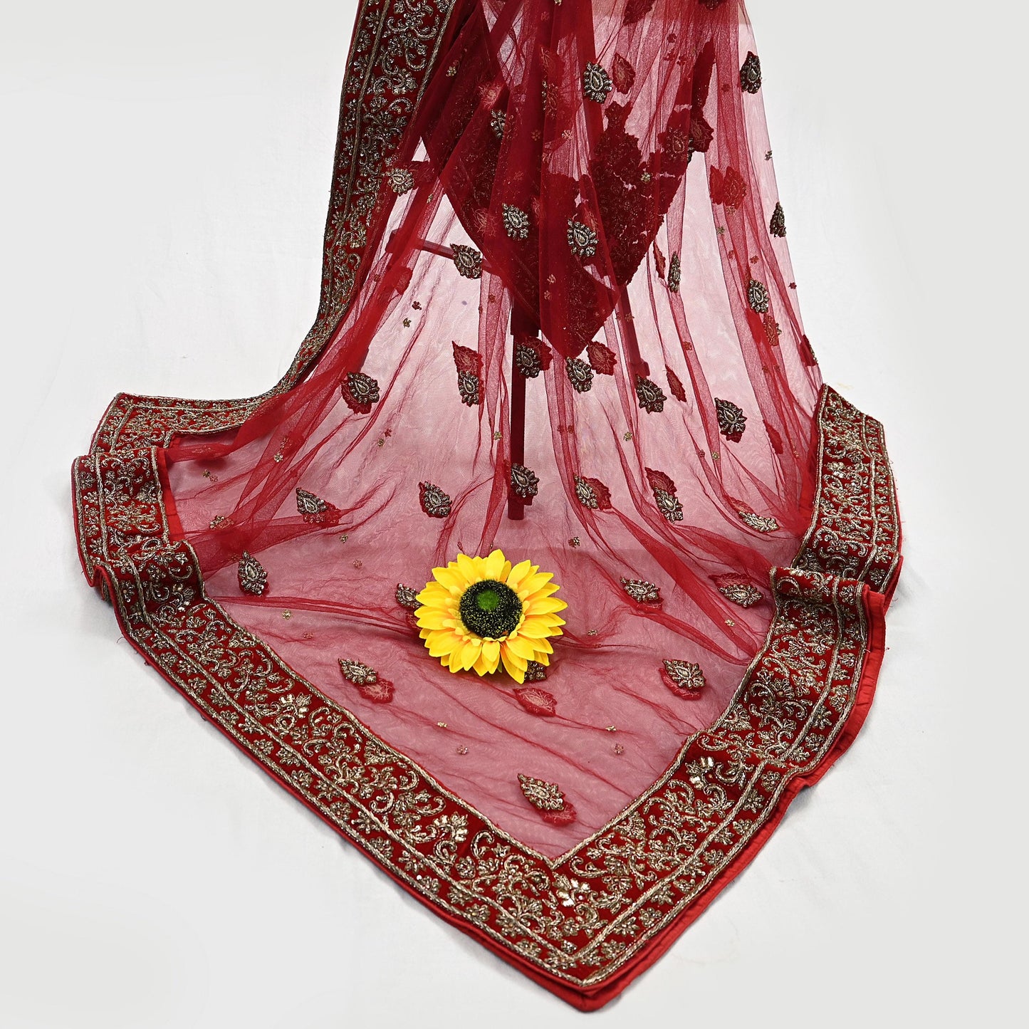 Indian Vintage Heavy Red Dupatta Net Mesh Long Stole Hand Embroidered Scarves Golden Zardozi Dabka Zari Stole Bridal/ Wedding veil