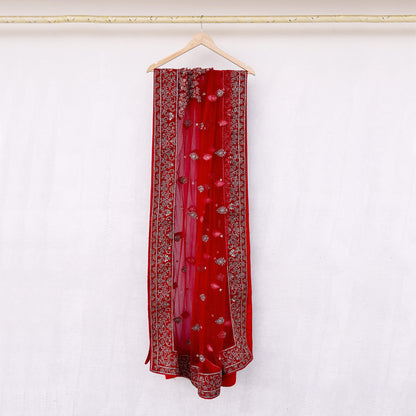 Indian Vintage Heavy Red Dupatta Net Mesh Long Stole Hand Embroidered Scarves Golden Zardozi Dabka Zari Stole Bridal/ Wedding veil