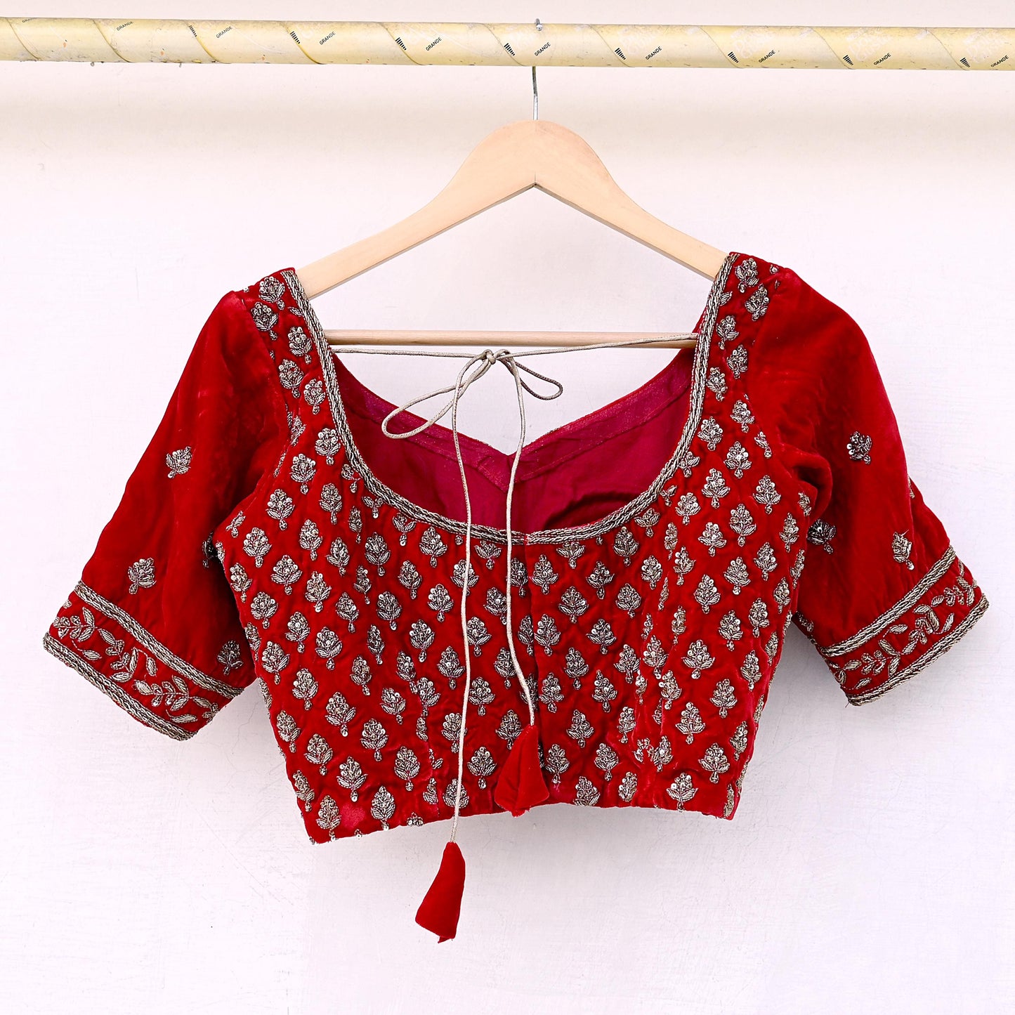 Indian Pre-owned Red Velvet Hand Embroidered Padded Blouse/Top/Crop M to L Size Party wear Bollywood