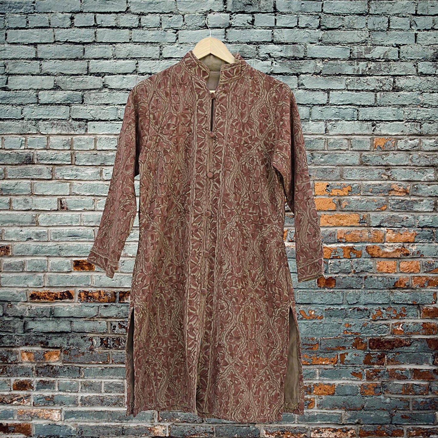 Indian Vintage Green Embroidered Kashmiri Coat, Aari Embroidery, Pure Woolen Coat, Boho Jacket For Both Women/Men Indian Coat