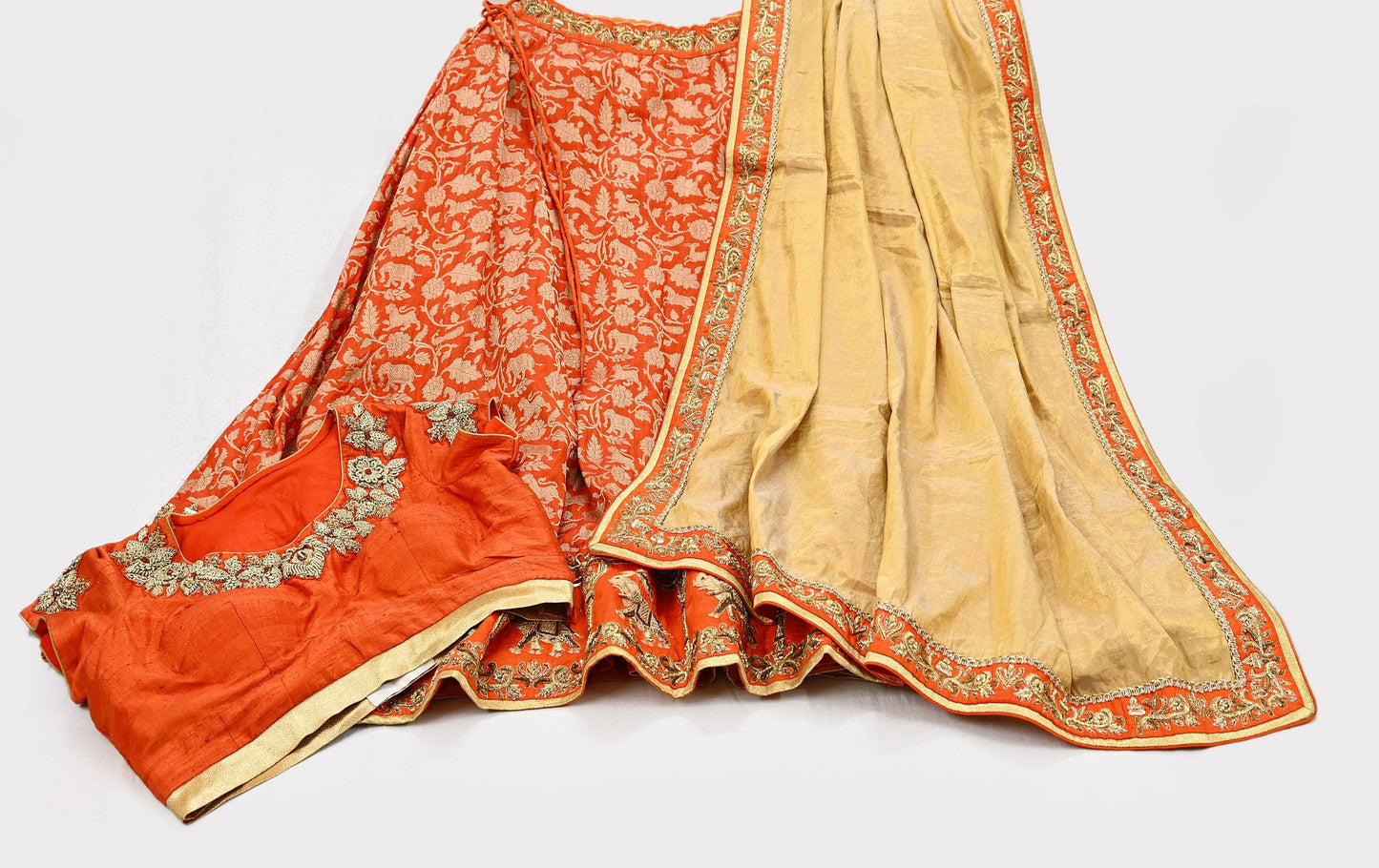 Indian Heavy Orange & Golden Pure Silk Pure Tissue Silk Hand Embroidered Lehenga 3pcs Set Designer By Manish Malhotra Party Wear