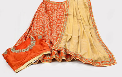 Indian Heavy Orange & Golden Pure Silk Pure Tissue Silk Hand Embroidered Lehenga 3pcs Set Designer By Manish Malhotra Party Wear