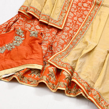 Indian Heavy Orange & Golden Pure Silk Pure Tissue Silk Hand Embroidered Lehenga 3pcs Set Designer By Manish Malhotra Party Wear