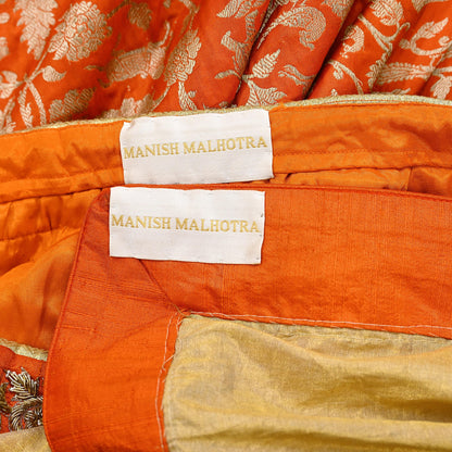 Indian Heavy Orange & Golden Pure Silk Pure Tissue Silk Hand Embroidered Lehenga 3pcs Set Designer By Manish Malhotra Party Wear