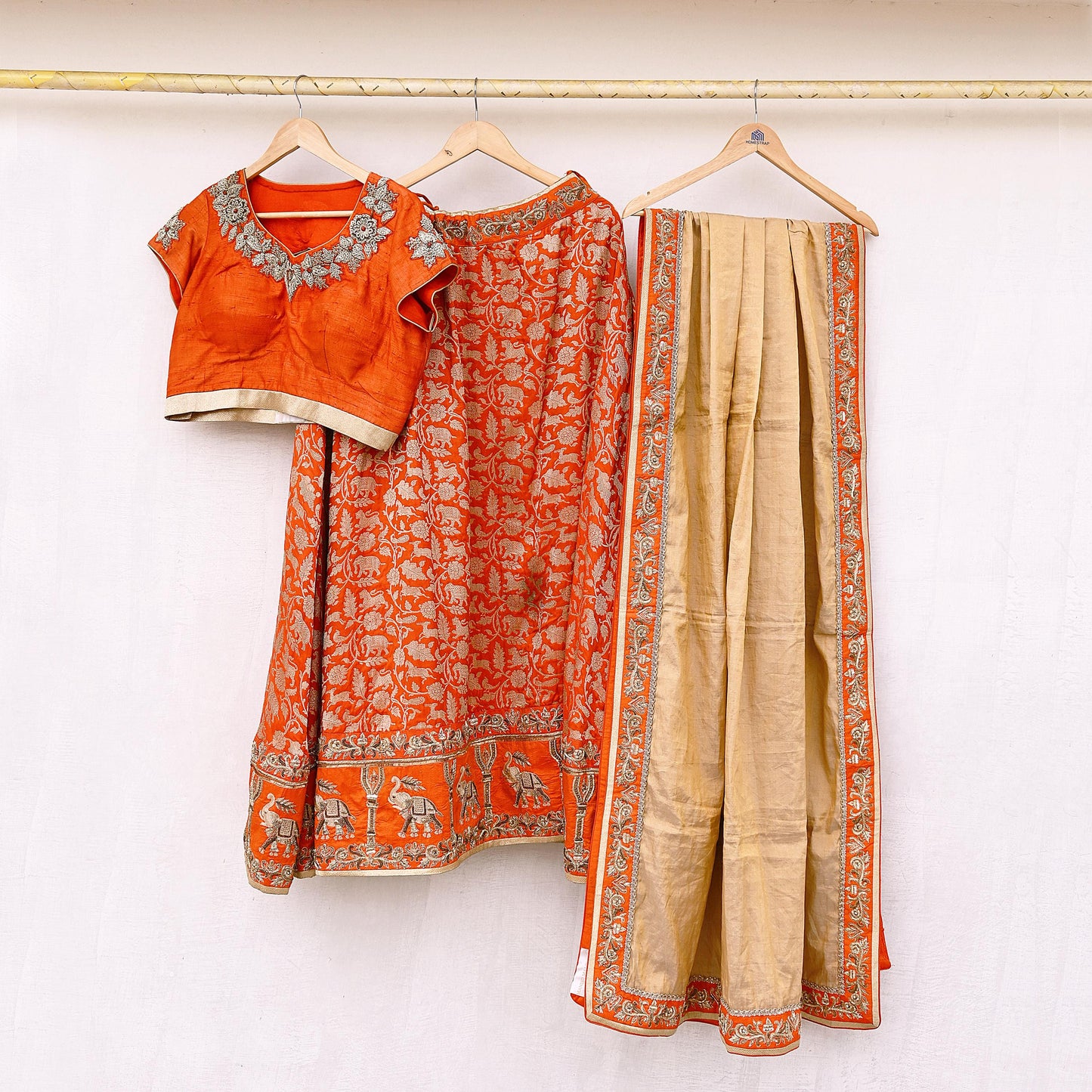 Indian Heavy Orange & Golden Pure Silk Pure Tissue Silk Hand Embroidered Lehenga 3pcs Set Designer By Manish Malhotra Party Wear