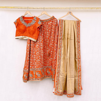 Indian Heavy Orange & Golden Pure Silk Pure Tissue Silk Hand Embroidered Lehenga 3pcs Set Designer By Manish Malhotra Party Wear