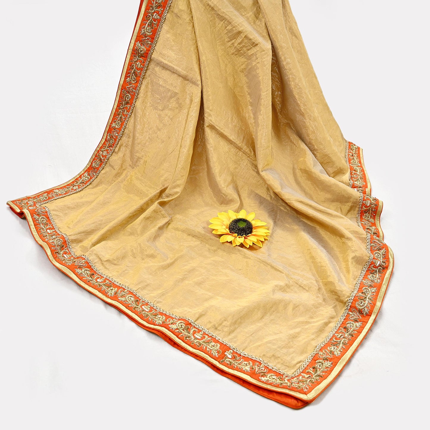 Indian Pre-owned Heavy Golden Pure Tissue Silk Hand Embroidered Dupatta Designer By Manish Malhotra Zardozi Bridal Veil