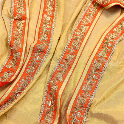 Indian Pre-owned Heavy Golden Pure Tissue Silk Hand Embroidered Dupatta Designer By Manish Malhotra Zardozi Bridal Veil