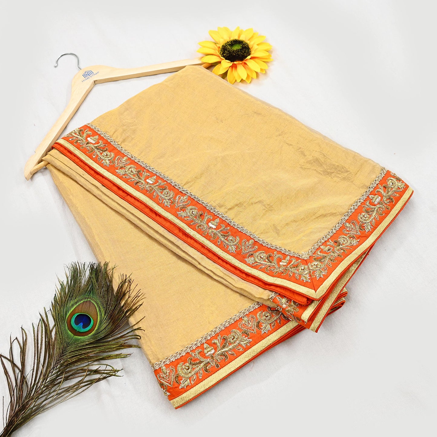 Indian Pre-owned Heavy Golden Pure Tissue Silk Hand Embroidered Dupatta Designer By Manish Malhotra Zardozi Bridal Veil