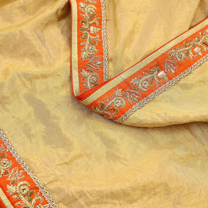 Indian Pre-owned Heavy Golden Pure Tissue Silk Hand Embroidered Dupatta Designer By Manish Malhotra Zardozi Bridal Veil