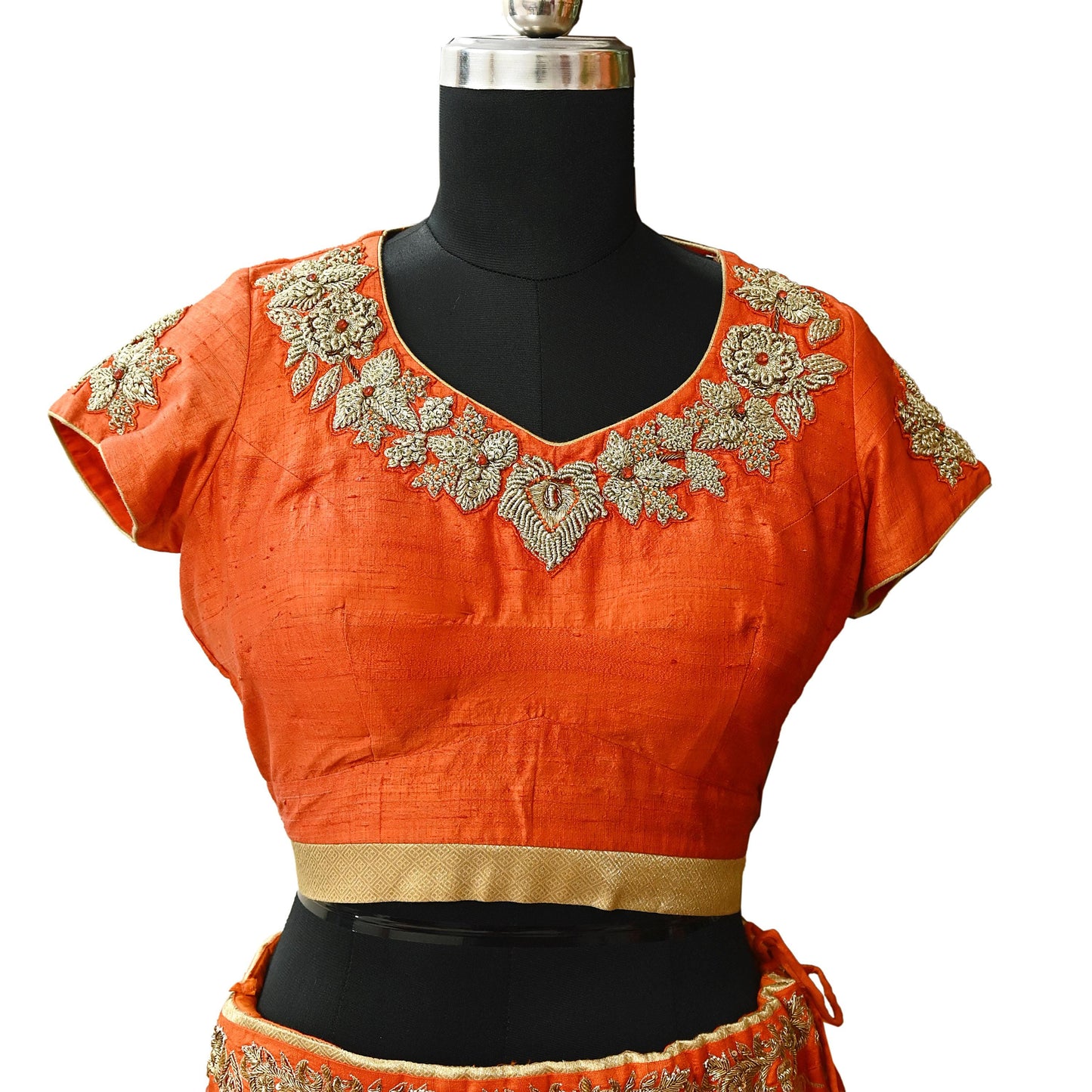 Indian Pre-owned Orange raw silk Hand Embroidered By Designer manish malhotra Padded Blouse/Top/Crop XL Size Party wear Bollywood