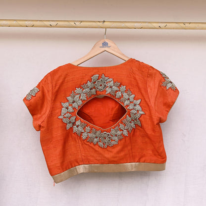 Indian Pre-owned Orange raw silk Hand Embroidered By Designer manish malhotra Padded Blouse/Top/Crop XL Size Party wear Bollywood