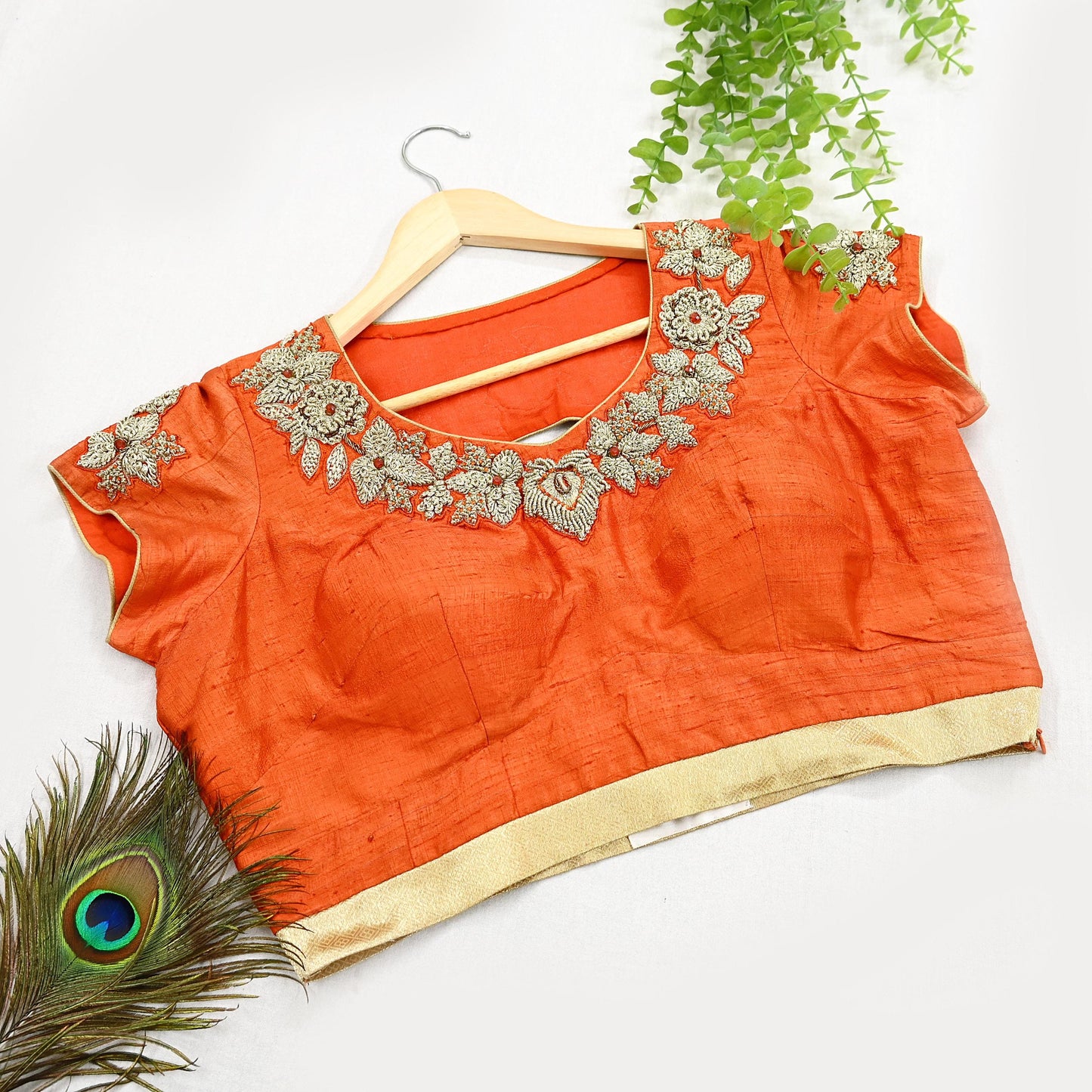 Indian Pre-owned Orange raw silk Hand Embroidered By Designer manish malhotra Padded Blouse/Top/Crop XL Size Party wear Bollywood