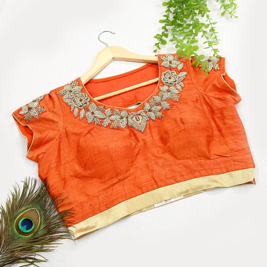 Indian Pre-owned Orange raw silk Hand Embroidered By Designer manish malhotra Padded Blouse/Top/Crop XL Size Party wear Bollywood