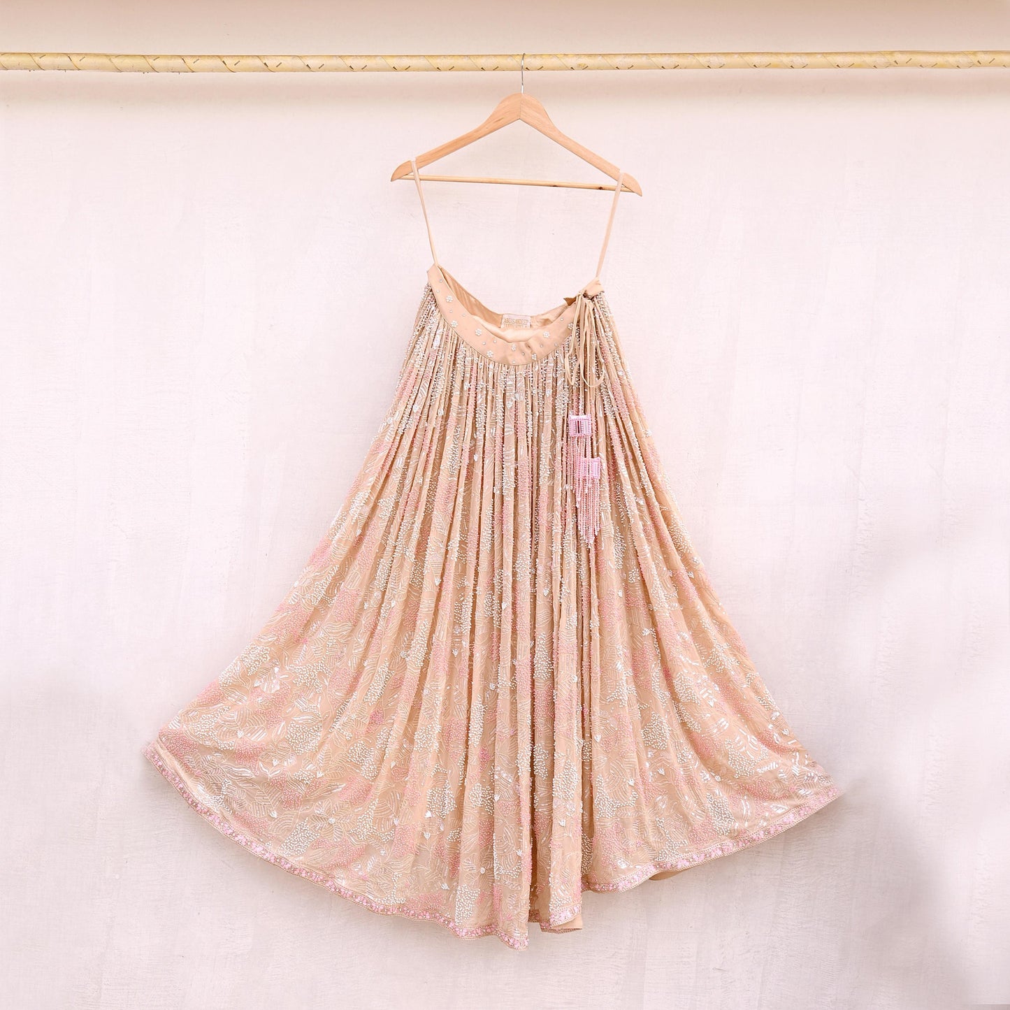 Indian Pre-owned Beige Heavy Pure Georgette silk Hand Embroidered Lehenga/Skirt Designer By Abu Jani Bridal Wear