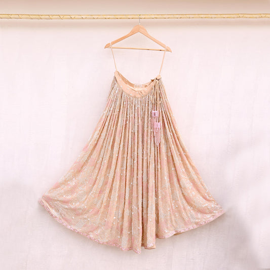 Indian Pre-owned Beige Heavy Pure Georgette silk Hand Embroidered Lehenga/Skirt Designer By Abu Jani Bridal Wear