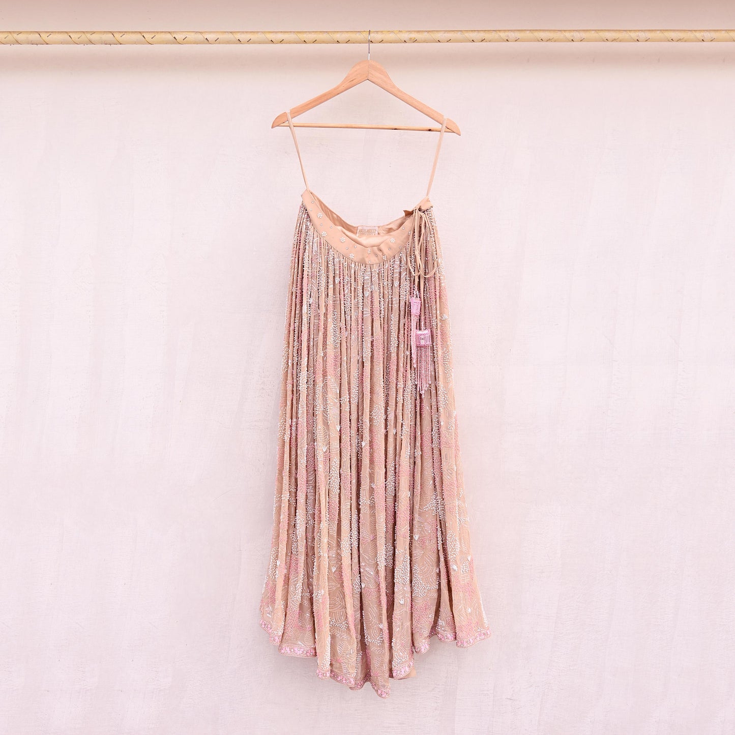 Indian Pre-owned Beige Heavy Pure Georgette silk Hand Embroidered Lehenga/Skirt Designer By Abu Jani Bridal Wear