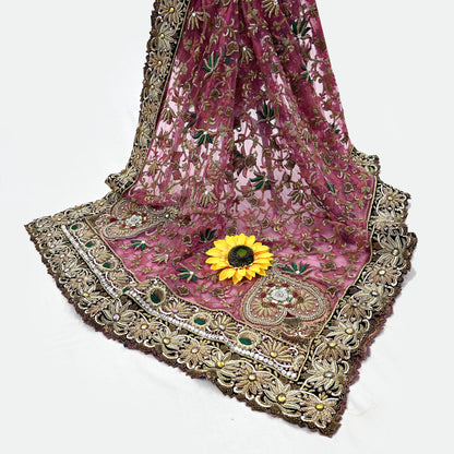 Indian Vintage Heavy Wedding Pink Net/Mesh/ Velvet Hand Embroidered Dupatta Designer By Anamika Khanna Bridal Wear Dabka Zardozi Veil Hijab