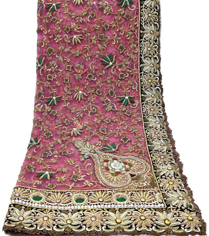 Indian Vintage Heavy Wedding Pink Net/Mesh/ Velvet Hand Embroidered Dupatta Designer By Anamika Khanna Bridal Wear Dabka Zardozi Veil Hijab
