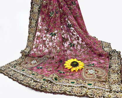 Indian Vintage Heavy Wedding Pink Net/Mesh/ Velvet Hand Embroidered Dupatta Designer By Anamika Khanna Bridal Wear Dabka Zardozi Veil Hijab