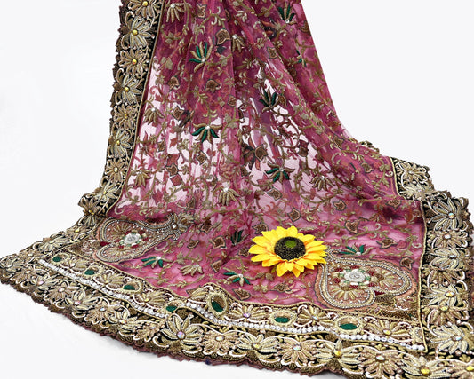 Indian Vintage Heavy Wedding Pink Net/Mesh/ Velvet Hand Embroidered Dupatta Designer By Anamika Khanna Bridal Wear Dabka Zardozi Veil Hijab