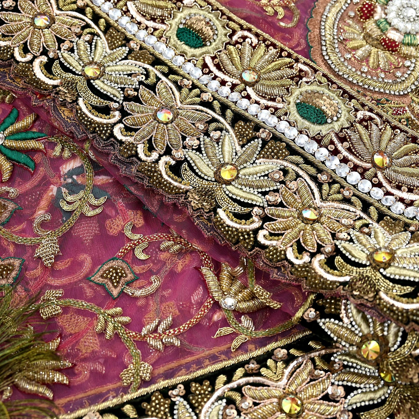 Indian Vintage Heavy Wedding Pink Net/Mesh/ Velvet Hand Embroidered Dupatta Designer By Anamika Khanna Bridal Wear Dabka Zardozi Veil Hijab