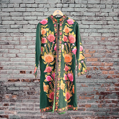 Indian Vintage Bottle Green Embroidered Kashmiri Coat, Aari Embroidery, Pure Woolen Coat, Boho Jacket For Both Women/Men Indian Coat