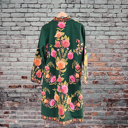 Indian Vintage Bottle Green Embroidered Kashmiri Coat, Aari Embroidery, Pure Woolen Coat, Boho Jacket For Both Women/Men Indian Coat