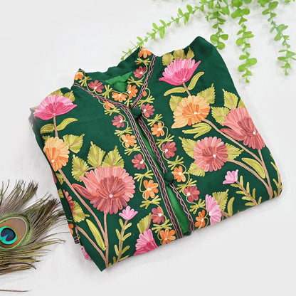Indian Vintage Bottle Green Embroidered Kashmiri Coat, Aari Embroidery, Pure Woolen Coat, Boho Jacket For Both Women/Men Indian Coat