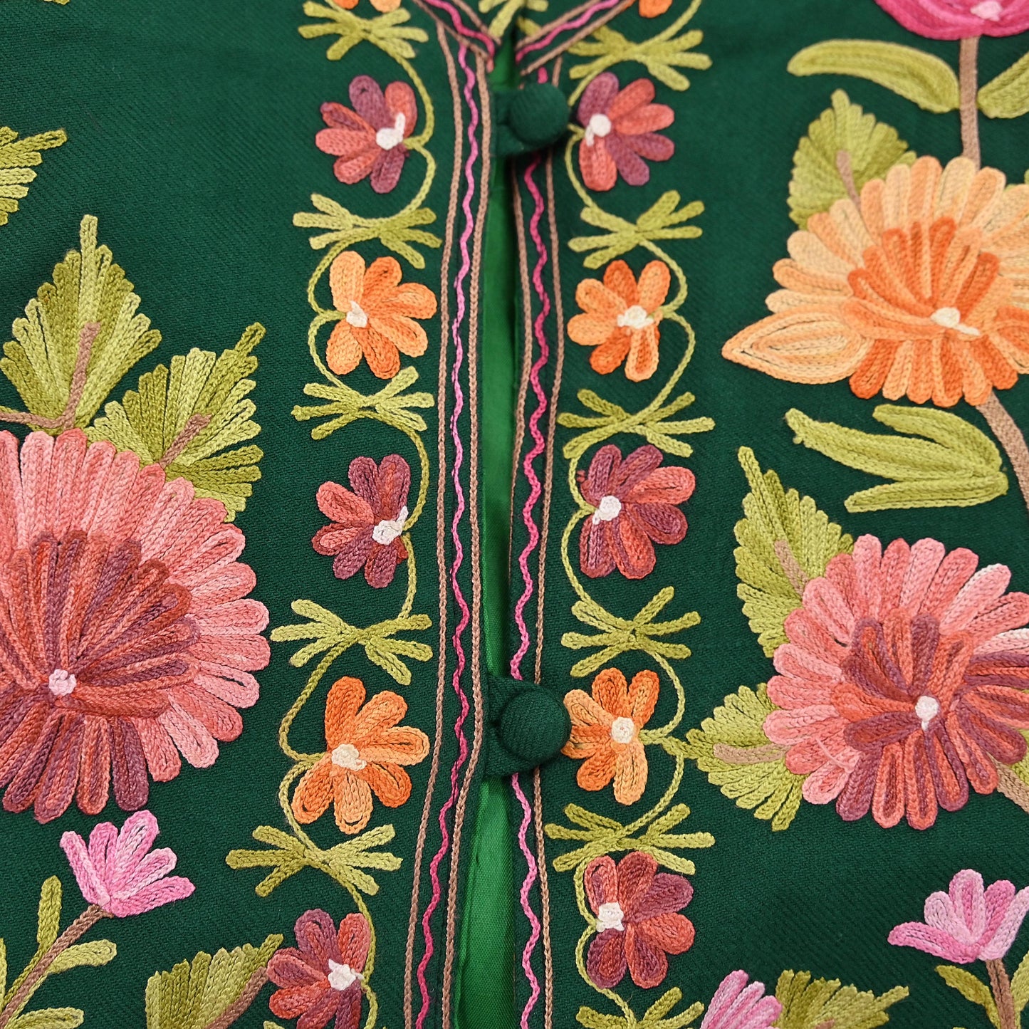 Indian Vintage Bottle Green Embroidered Kashmiri Coat, Aari Embroidery, Pure Woolen Coat, Boho Jacket For Both Women/Men Indian Coat