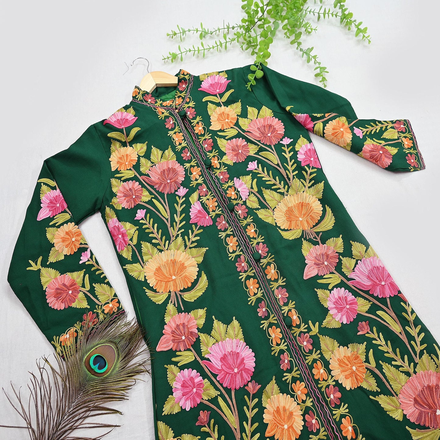 Indian Vintage Bottle Green Embroidered Kashmiri Coat, Aari Embroidery, Pure Woolen Coat, Boho Jacket For Both Women/Men Indian Coat