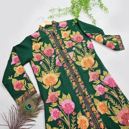 Indian Vintage Bottle Green Embroidered Kashmiri Coat, Aari Embroidery, Pure Woolen Coat, Boho Jacket For Both Women/Men Indian Coat