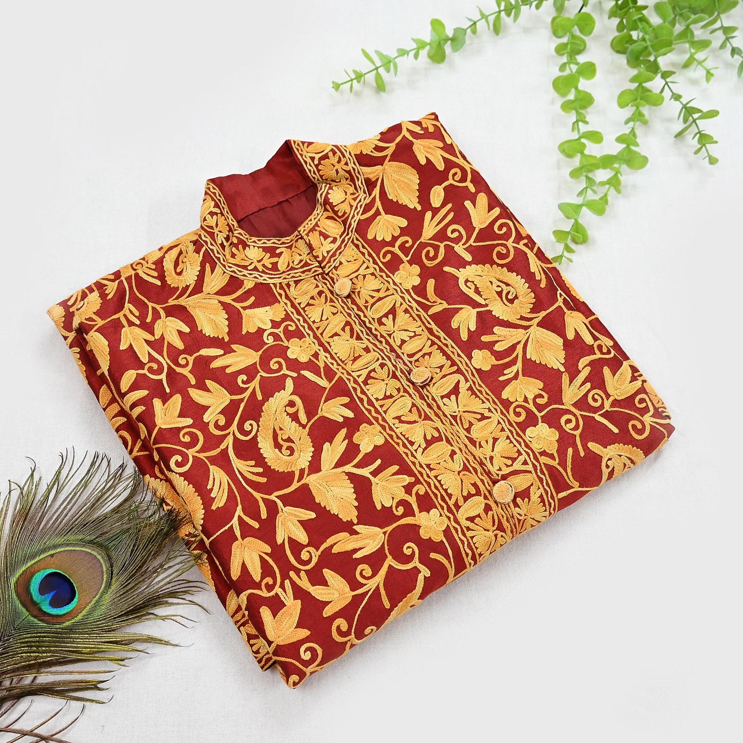 Indian Vintage Maroon Embroidered Kashmiri Coat, Aari Embroidery, Raw Silk Coat, Boho Jacket For Both Women/Men Indian Coat