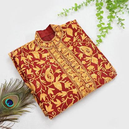 Indian Vintage Maroon Embroidered Kashmiri Coat, Aari Embroidery, Raw Silk Coat, Boho Jacket For Both Women/Men Indian Coat