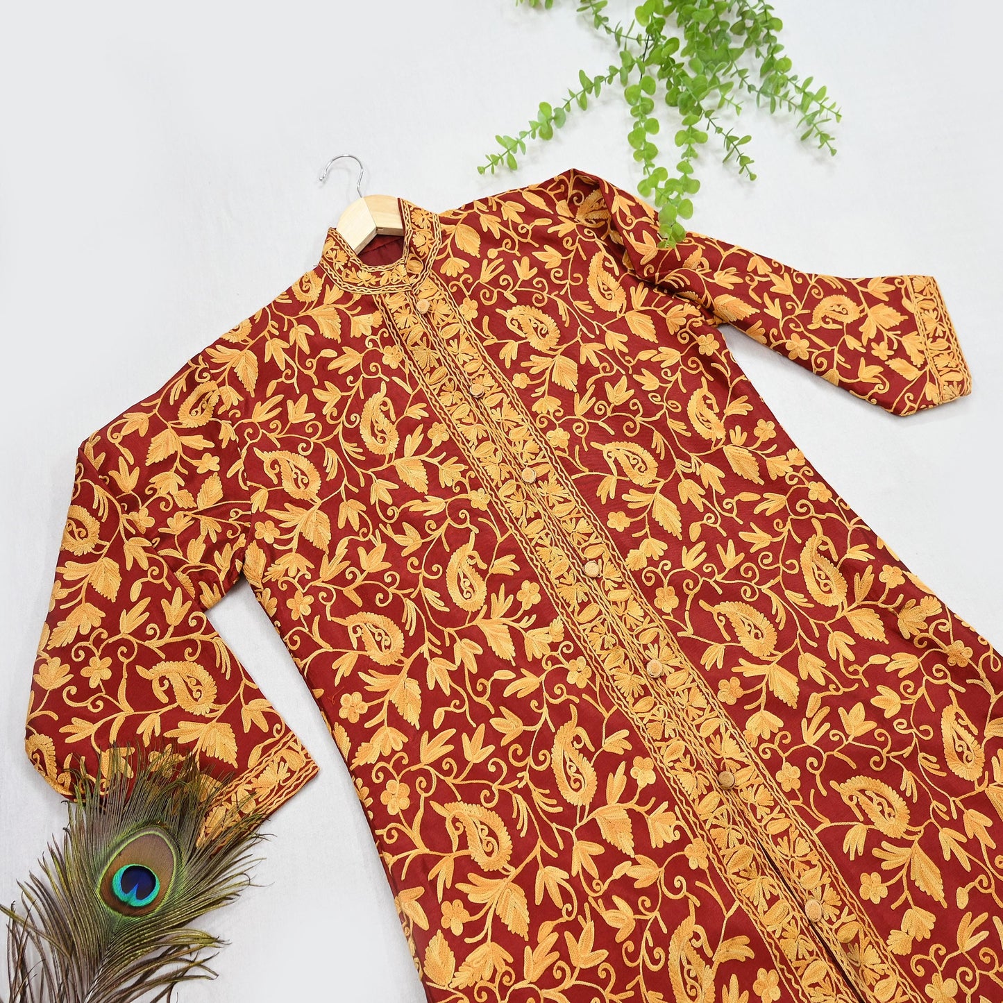 Indian Vintage Maroon Embroidered Kashmiri Coat, Aari Embroidery, Raw Silk Coat, Boho Jacket For Both Women/Men Indian Coat