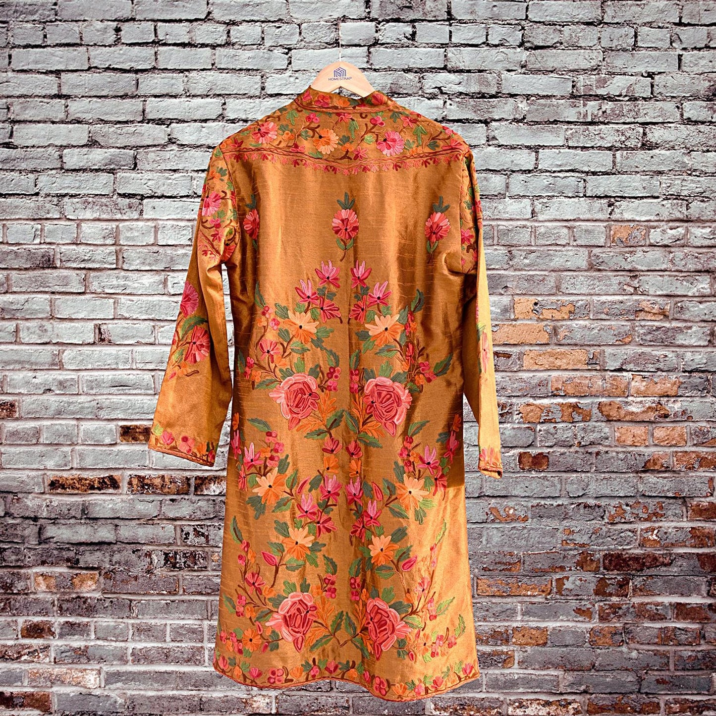 Indian Vintage Saffron Embroidered Kashmiri Coat, Aari Embroidery, Raw Silk Coat, Boho Jacket For Both Women/Men Indian Coat