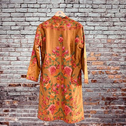 Indian Vintage Saffron Embroidered Kashmiri Coat, Aari Embroidery, Raw Silk Coat, Boho Jacket For Both Women/Men Indian Coat