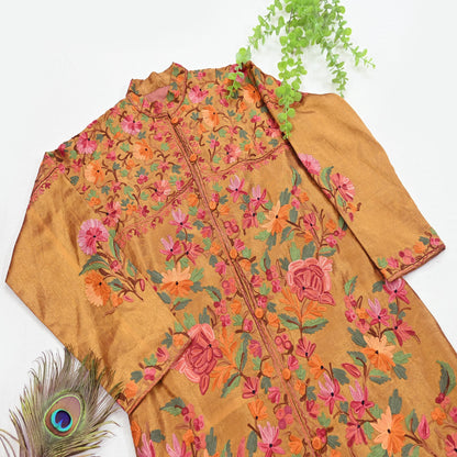 Indian Vintage Saffron Embroidered Kashmiri Coat, Aari Embroidery, Raw Silk Coat, Boho Jacket For Both Women/Men Indian Coat