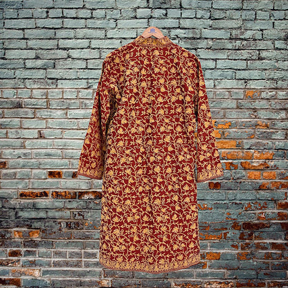Indian Vintage Maroon Embroidered Kashmiri Coat, Aari Embroidery, Raw Silk Coat, Boho Jacket For Both Women/Men Indian Coat