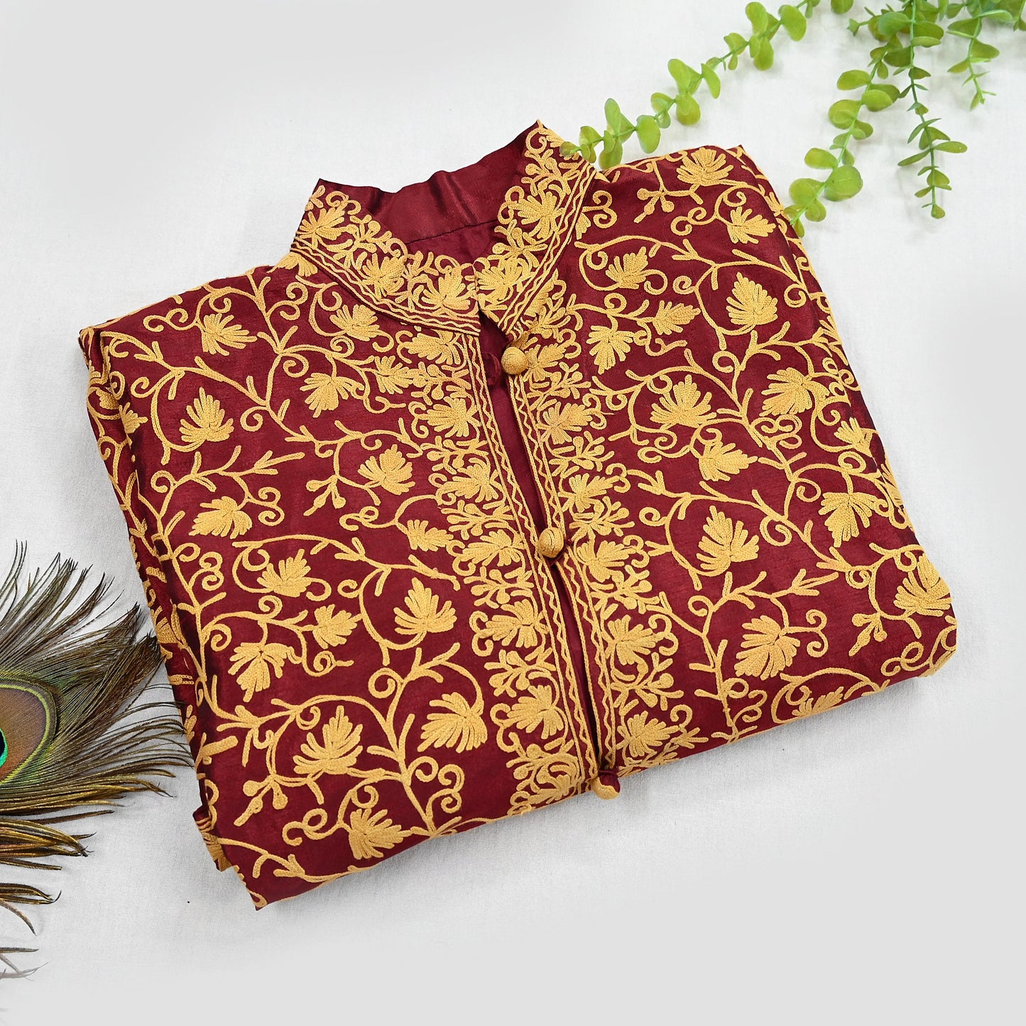 Indian Vintage Maroon Embroidered Kashmiri Coat, Aari Embroidery, Raw Silk Coat, Boho Jacket For Both Women/Men Indian Coat