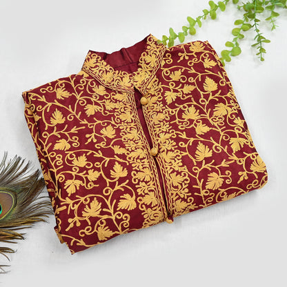Indian Vintage Maroon Embroidered Kashmiri Coat, Aari Embroidery, Raw Silk Coat, Boho Jacket For Both Women/Men Indian Coat
