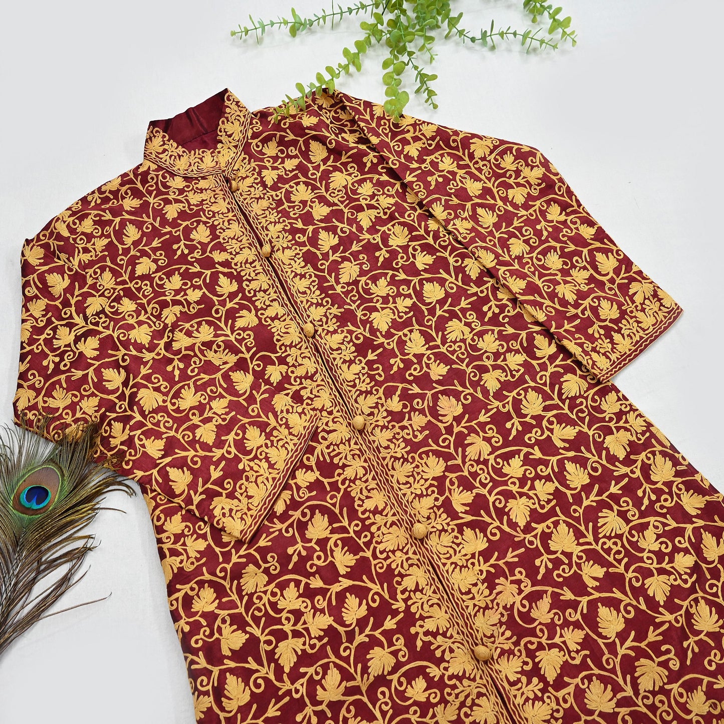 Indian Vintage Maroon Embroidered Kashmiri Coat, Aari Embroidery, Raw Silk Coat, Boho Jacket For Both Women/Men Indian Coat