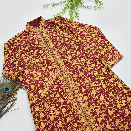 Indian Vintage Maroon Embroidered Kashmiri Coat, Aari Embroidery, Raw Silk Coat, Boho Jacket For Both Women/Men Indian Coat