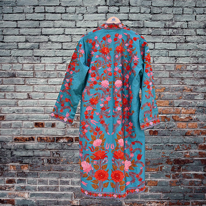 Indian Vintage Green Embroidered Kashmiri Coat, Aari Embroidery, Raw Silk Coat, Boho Jacket For Both Women/Men Indian Coat