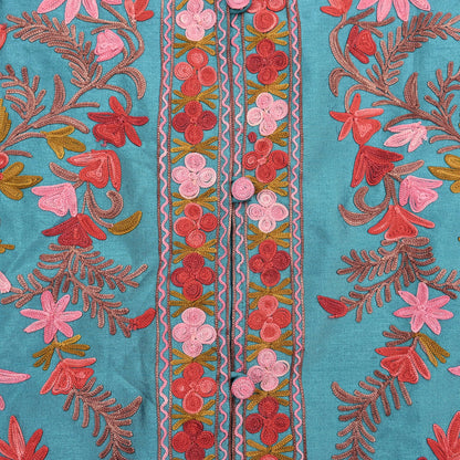 Indian Vintage Green Embroidered Kashmiri Coat, Aari Embroidery, Raw Silk Coat, Boho Jacket For Both Women/Men Indian Coat