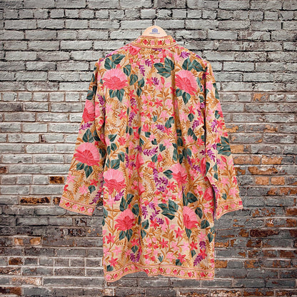 Indian Vintage Beige Embroidered Kashmiri Coat, Aari Embroidery, Raw Silk Coat, Boho Jacket For Both Women/Men Indian Coat